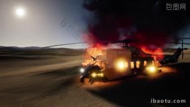 在夕阳时在沙漠里燃烧的军事直升机